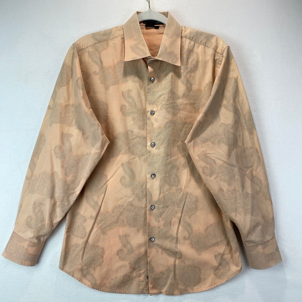 VTG Y2K Tulliano Paisley Textured Button Up Mens Size M Peach Cotton Long Sleeve